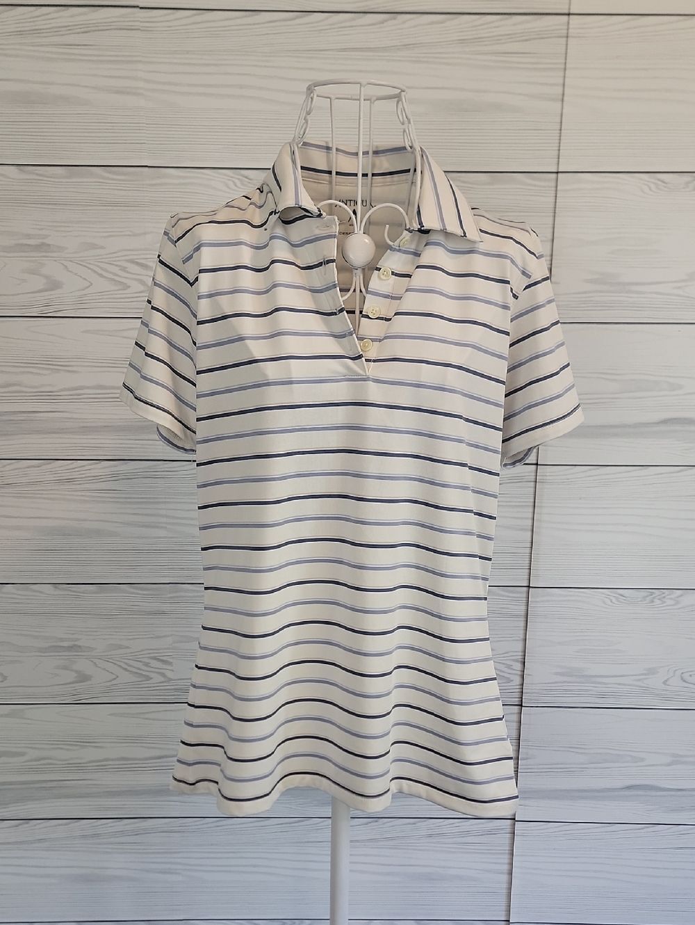 Antigua Golf Athletic Wear White and Navy Striped Polo Top Womens Size M
